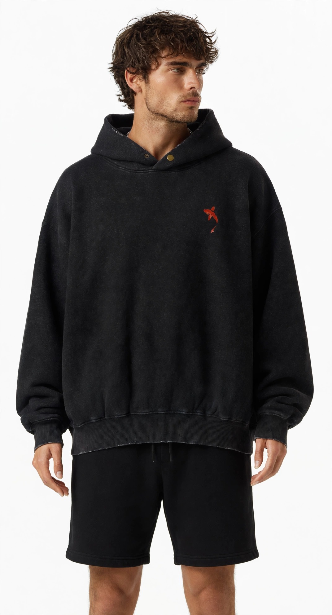 Model wearing black Urban Bekko hoodie
