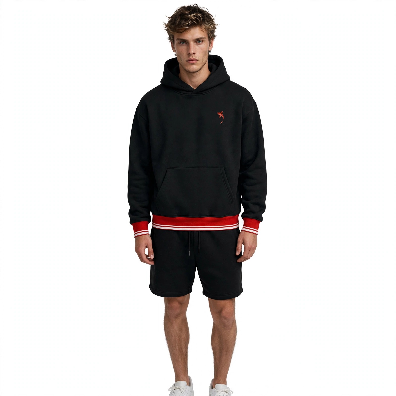 Model wearing black Urban Bekko Border-Lined Hoodie